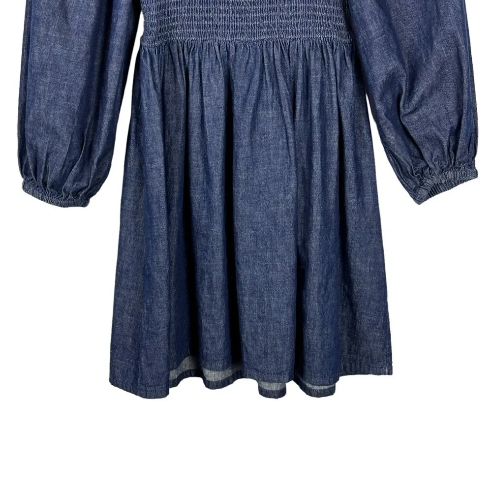 J. CREW BG118 COTTON CHAMBRAY DENIM BLUE SMOCKED PUFF SLEEVE MINI DRESS